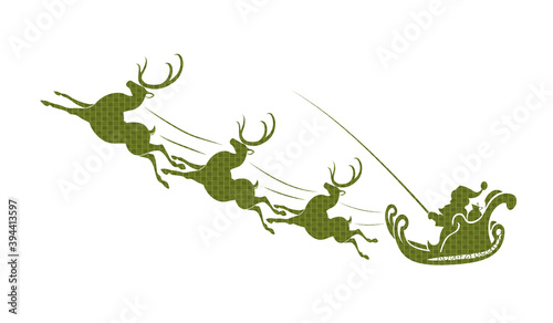 Textured silhouette of Santa Claus on a sleigh with deer in green shade