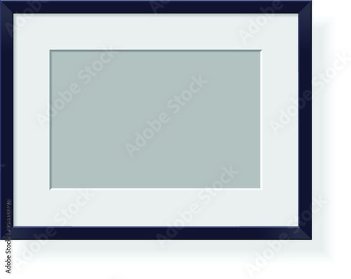 Isolated black plastic frame on white background with white mat and gray paper inside. Empty picture frame on transparent background.  Realistic vector image. Template  mockup.