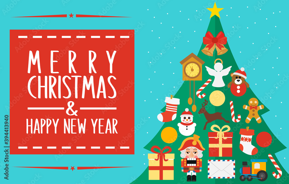 Merry Christmas and Happy New Year greatings concept modern design flat with Christmas tree. Vector illustration