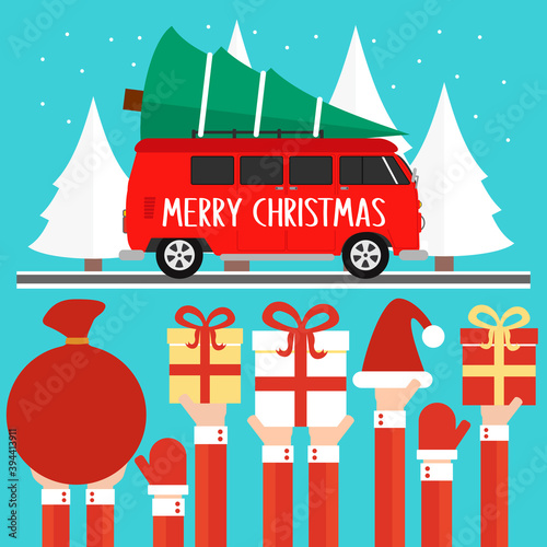 Merry Christmas greatings concept design flat. Minibus with christmas tree. Vector illustration