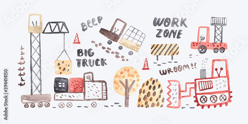 Construction site. Watercolor background. Design for poster, card, bag and t-shirt, cover. Baby style.