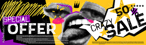 Discounts vector collage grunge banner. Lips and eyes in parted, above them a crown. Crazy 50 percent off. Doodle elements on a retro poster. Stylish modern advertising poster design.