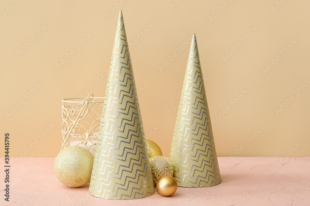 Beautiful Christmas decorations on table in room Beautiful Christmas decorations on table in room