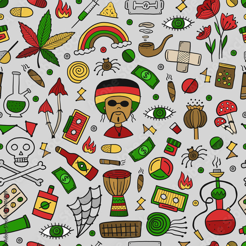 Drugs addiction. Say no to drugs. Rasta collection with skull, marijuana, dru...