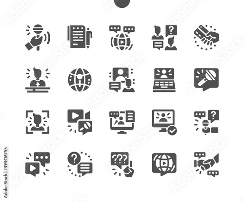 Job interview. Human resource and hiring process. Work, business. Job search, unemployment. Microphone, communication, intergovernmental. Vector Solid Icons. Simple Pictogram