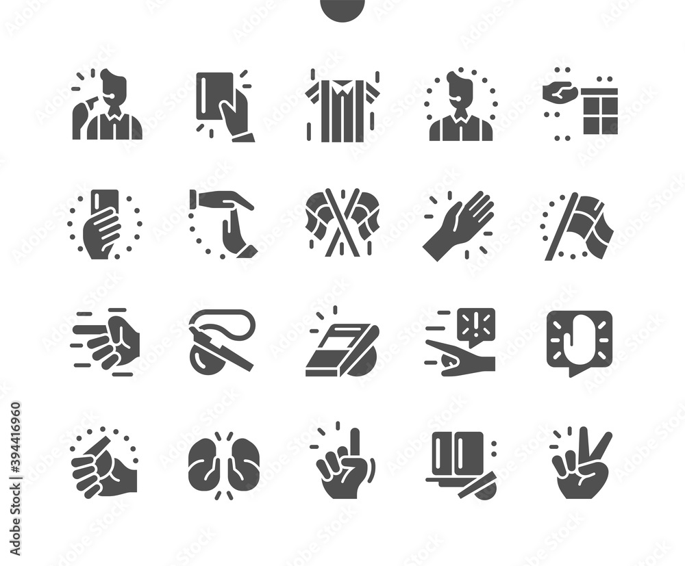 Referee stuff. Whistles and a silver bell. Referee of the game, championship, competition. Flags, disciplinary card. Hands. Vector Solid Icons. Simple Pictogram Referee stuff. Whistles and a silver bell. Referee of the game, championship, competition. Flags, disciplinary card. Hands. Vector Solid Icons. Simple Pictogram