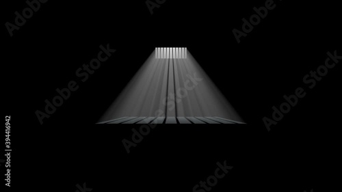 The camera pans behind the dungeon window from right to left. The light rays pass through the grill and form a pattern on the floor.