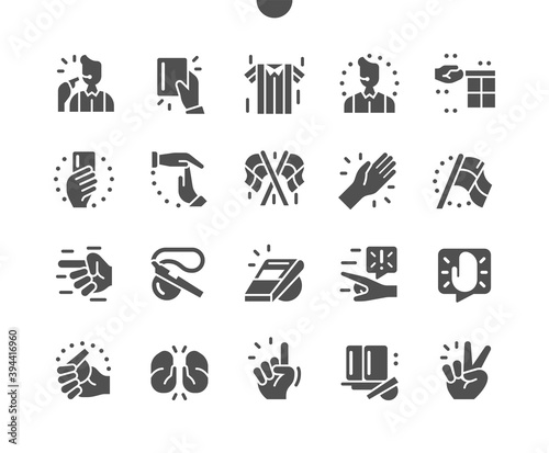 Referee stuff. Whistles and a silver bell. Referee of the game, championship, competition. Flags, disciplinary card. Hands. Vector Solid Icons. Simple Pictogram
