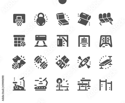 Coach stuff. Active lifestyle, sports. Exercise equipment in the gym. Yoga mat, gymnastic goat, kayak, exercise bike, punching bag. Vector Solid Icons. Simple Pictogram
