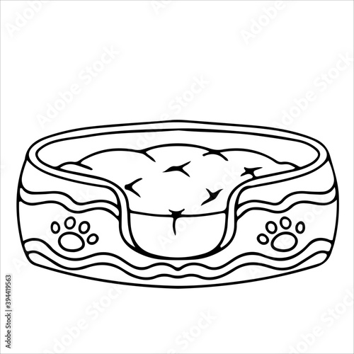 Soft bed for a dog or cat. Accessories for pets drawn by lines. An element from a set of doodles drawn by hand. Isolated illustration on a white background.