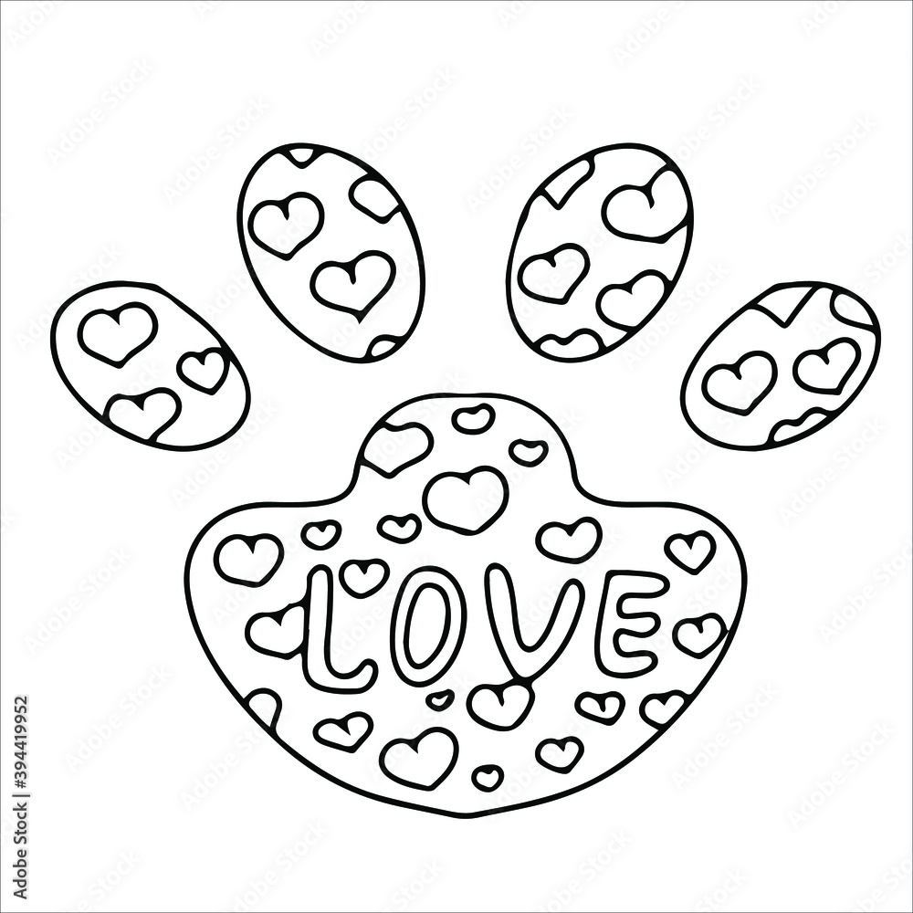 A cat or dog paw print filled with patterns. Animal footprint. Accessories for pets. An element from a set of doodles drawn by hand. Isolated illustration on a white background.