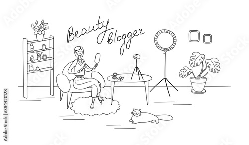 Influencer girl shoots cosmetics product review. Beauty blogger woman filming makeup tutorial on camera. Young woman is recording video. Stylists tips vlog. Vector illustration