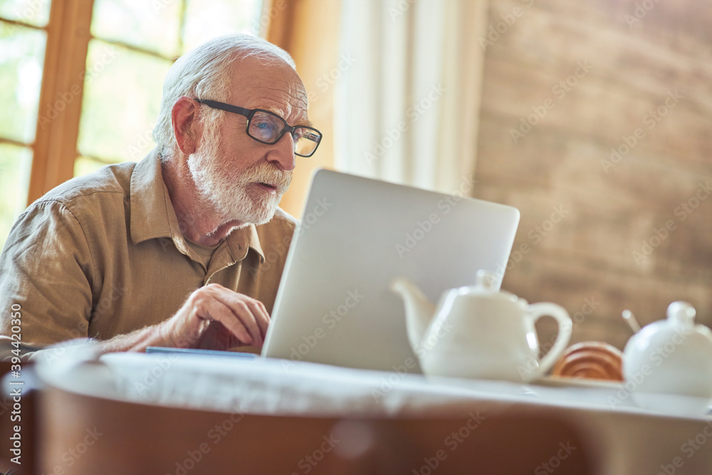Fototapeta premium Gray-haired senior man using computer while typing