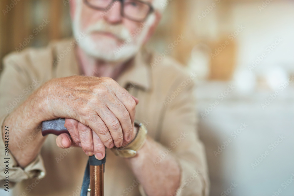Elderly wrinkled male hands on walking stick