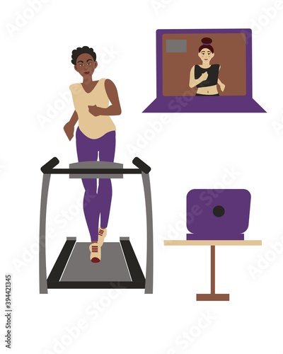Workout online Dark-skinned woman on treadmill Coach leads workout on webcam