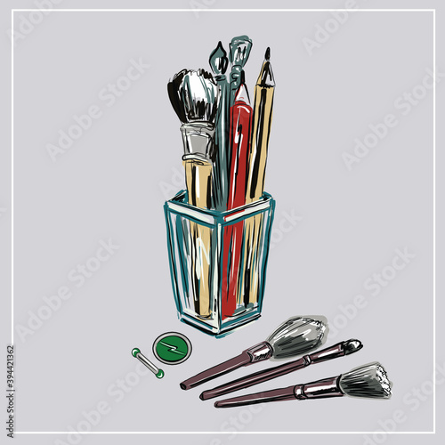 Cosmetic brushes, ball blush, eye shadow, powder, concealer, lipstick, cream, skin serum, nail polish. Perfume bottle, eau  de toilette, fragrance. Beauty shop, beauty box. set of decorative cosmetics