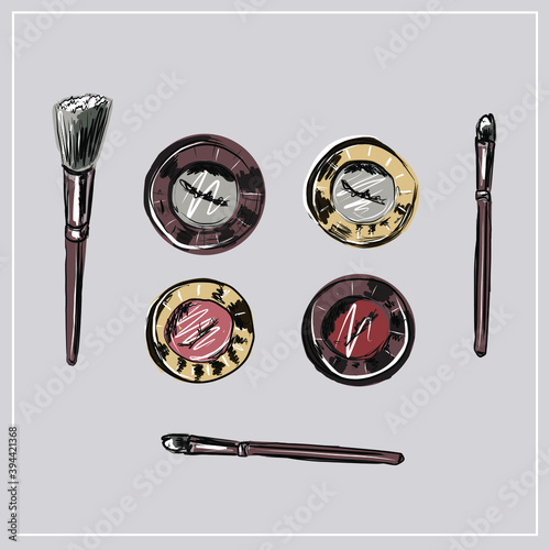 Cosmetic brushes, ball blush, eye shadow, powder, concealer, lipstick, cream, skin serum, nail polish. Perfume bottle, eau  de toilette, fragrance. Beauty shop, beauty box. set of decorative cosmetics