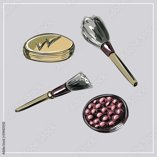 Cosmetic brushes, ball blush, eye shadow, powder, concealer, lipstick, cream, skin serum, nail polish. Perfume bottle, eau  de toilette, fragrance. Beauty shop, beauty box. set of decorative cosmetics