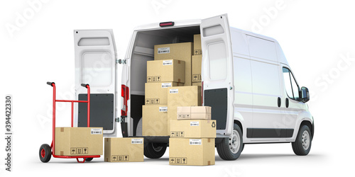 Delivery van with open doors and hand truck with cardboard boxes isolated on white background. Delivery and shipping concept.
