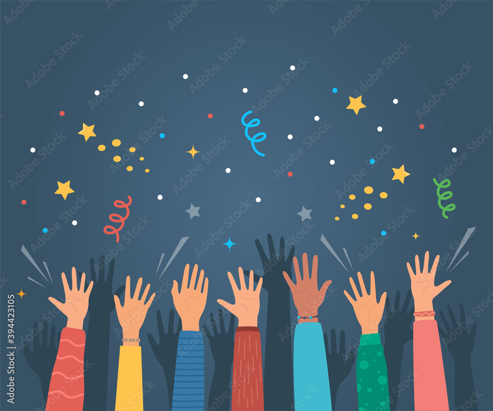 Raised hands of happy people celebrating. Crowd of people at party. People celebrate. Firecrackers, confetti, fireworks, carnival. Diverse young people, male and female, hands. Vector illustration. Raised hands of happy people celebrating. Crowd of people at party. People celebrate. Firecrackers, confetti, fireworks, carnival. Diverse young people, male and female, hands. Vector illustration.