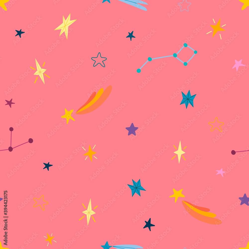 Seamless vector pattern with stars and constellations on a colored background. Children's illustration of fabrics, packaging, gifts, clothing, gift packaging.