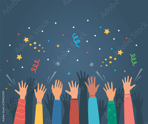 Raised hands of happy people celebrating. Crowd of people at party. People celebrate. Firecrackers, confetti, fireworks, carnival. Diverse young people, male and female, hands. Vector illustration.