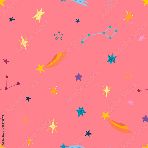 Seamless vector pattern with stars and constellations on a colored background. Children's illustration of fabrics, packaging, gifts, clothing, gift packaging.