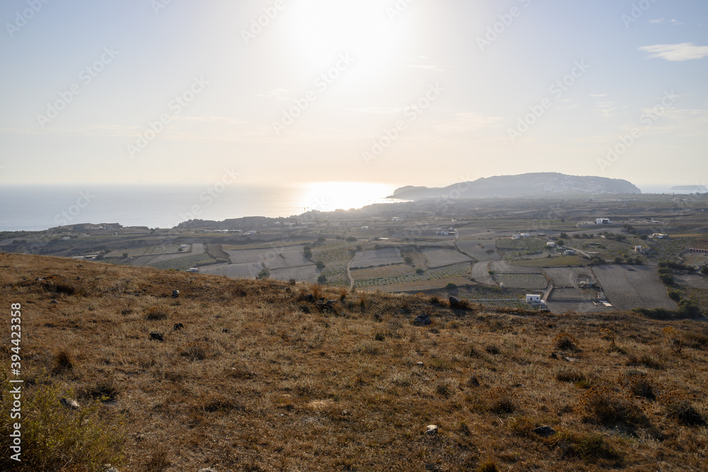 Rural landscape overlooking the sea in the village of Emporio on Santorini Island. Cyclades, Greece