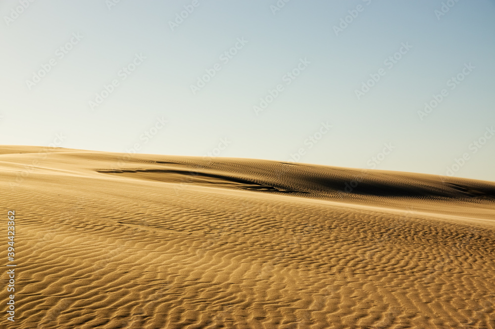 Krajobraz pustynny błękitne niebo i ruchome piaski w pięknym świetle zachodzącego słońca - obrazy, fototapety, plakaty 