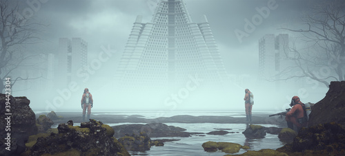 Fotografie 3 Men in Hazmat Suits near a Foggy Rocky Riverbed With Abandoned Brutalist Archi