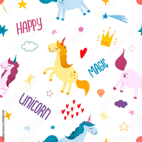 Seamless vector pattern with multicolored unicorns, stars, sweets, inscriptions on a colored background. Children's illustration for fabrics, packaging, gifts, clothing. Cute animals.