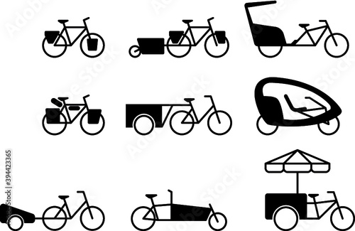 Lasten & Transport Fahrrad Icon Set, Kontur, Flat Design, schwarzweiß, Vektor Grafik