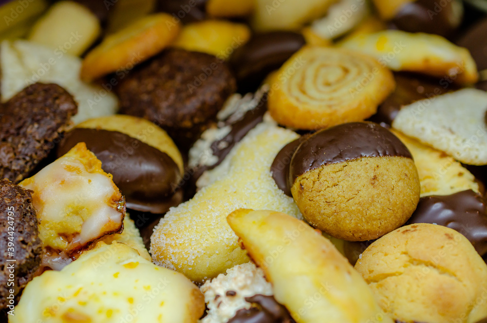 Homemade mix of christmas cookies with dark chocolate Homemade mix of christmas cookies with dark chocolate