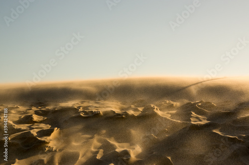 Krajobraz pustynia i ruchome  wydmy podczas silnie wiejącego wiatru przenoszącego drobinki piasku