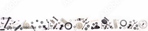 Bicycle parts on a white background.