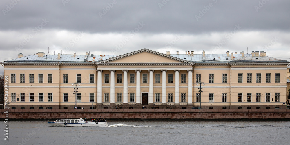 Building of the Russian Academy of Sciences on the University embankment of the Neva river.