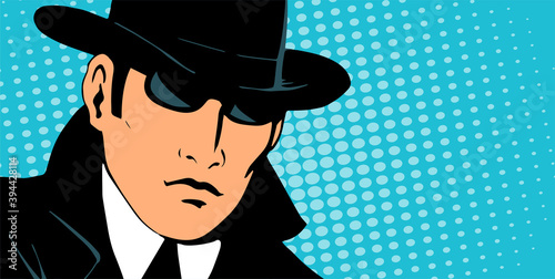 Male detective investigating. Dressed in a retro raincoat and hat. Wearing black glasses. Place for text. Vector illustration in pop art style.