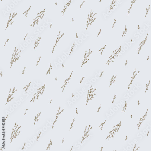 Pussy willow seamless pattern. Graphic doodle hand drawn sketch style. Botanical illustration for packaging, menu cards, posters, prints. 