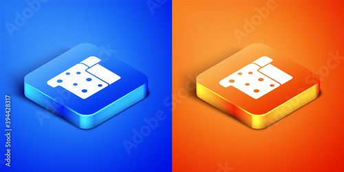 Isometric Bread toast for sandwich piece of roasted crouton icon isolated on blue and orange background. Lunch, dinner, breakfast snack. Square button. Vector.