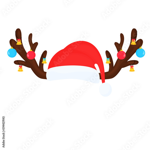 Reindeer antlers with Christmas balls and bells and Santa Claus hat. Funny selfie photo mask