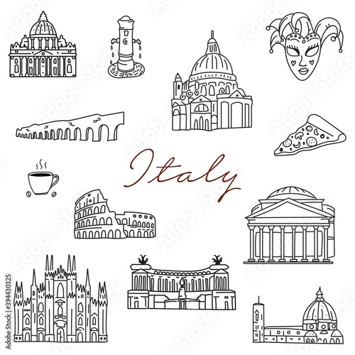 Italy Rome hand drawn doodle icons. travel architecture. Fountains, cathedrals. Italian symbols outline drawing clipart
