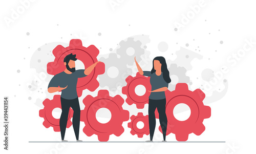 Organization of business with people together. Man and woman planning and doing business team concept vector illustration with gear