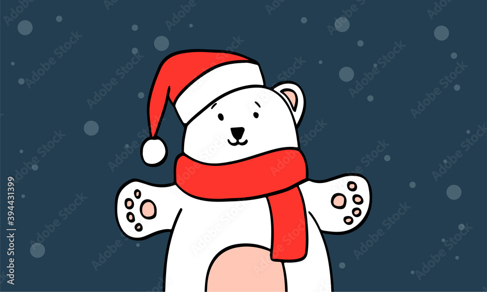 Cute polar bear wishes Merry Christmas and Happy New Year. A hand-drawn white bear wearing a red santa claus hat and a red scarf is cute smiling and hugging. Holiday card vector illustration