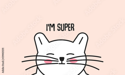 Hand drawn doodle happy and smiling cat thinks he is super isolated on pink background cute vector illustration. The cat loves himself and freedom of life