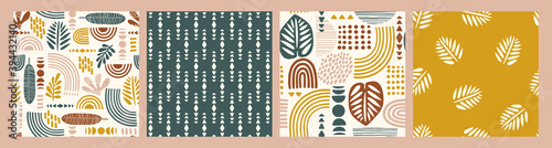 Artistic seamless patterns with abstract leaves and geometric shapes. Modern vector design
