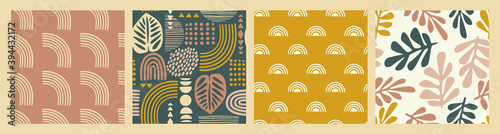 Artistic seamless patterns with abstract leaves and geometric shapes. Modern vector design