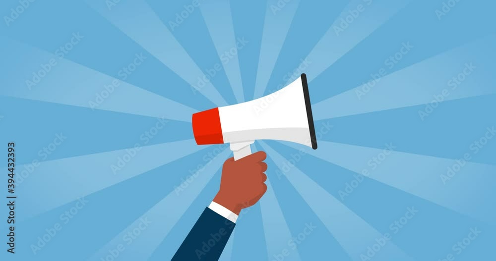 Hand holding a megaphone and sunburst background Hand holding a megaphone and sunburst background