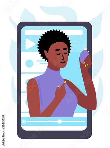 Black african Beauty blogger talking about perfume and holds in her hand. woman creating content and posting on social media. Vector flat.