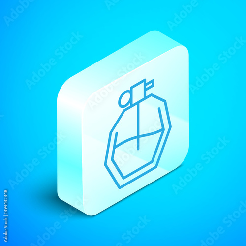 Isometric line Perfume icon isolated on blue background. Silver square button. Vector Illustration.