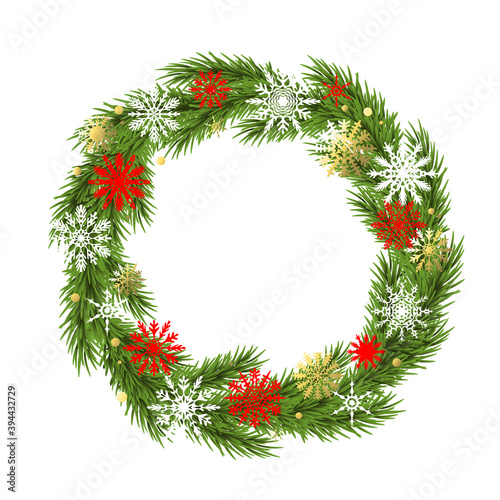 Christmas wreath. Decoration. Green. Fir branches. Snowflakes. Christmas tree. 